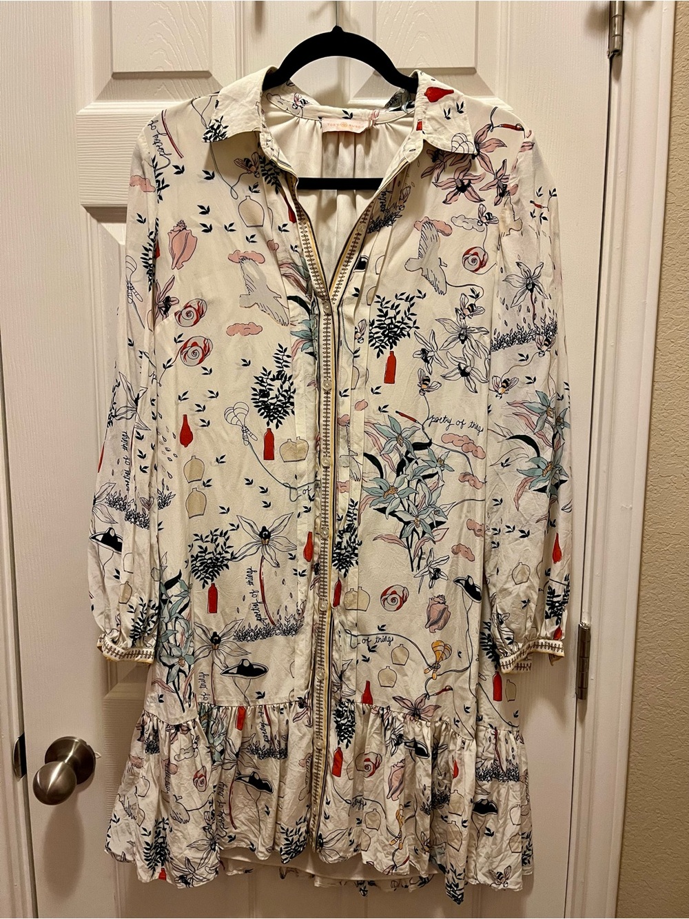 Tory Burch Ivory Printed Long Sleeve Ruffle Hem Shirt Dress Size 4